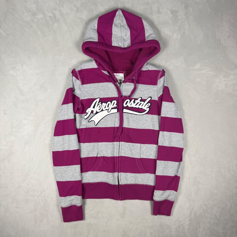 Y2K Womens Aeropostale Striped Sherpa Lined Zip Up Hoodie Magenta Grey Medium